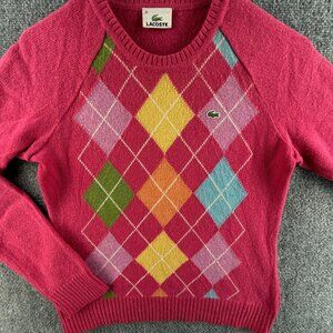 Lacoste Women Sweater Size 38 Diamond Pattern Pink Colorful Knit Wool Blend Logo